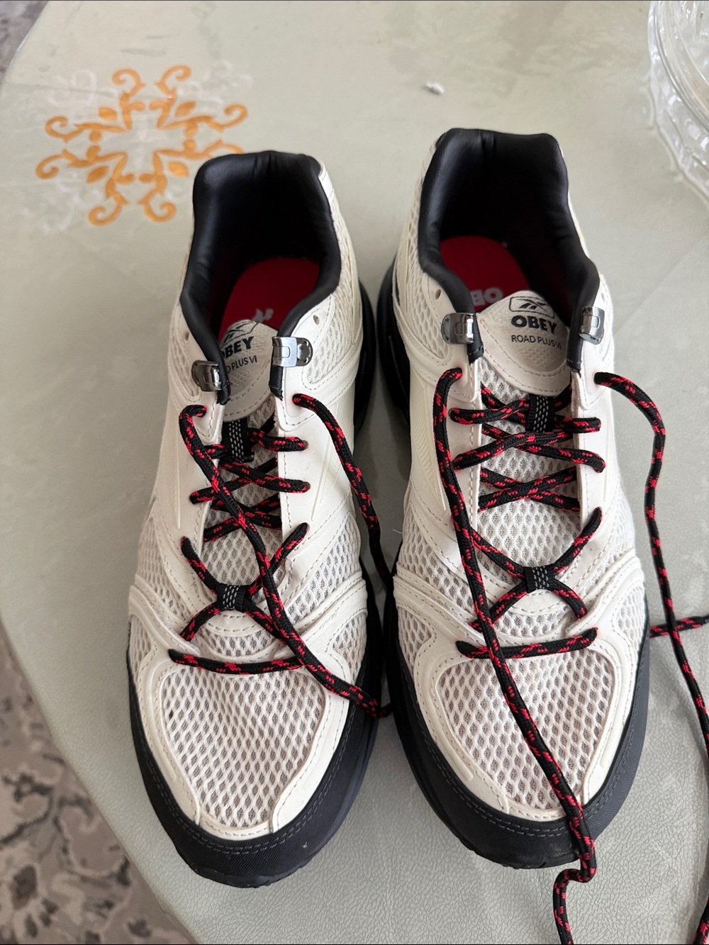 Obey Men’s White and Black Mesh Road Sneakers with Red-Accent Laces